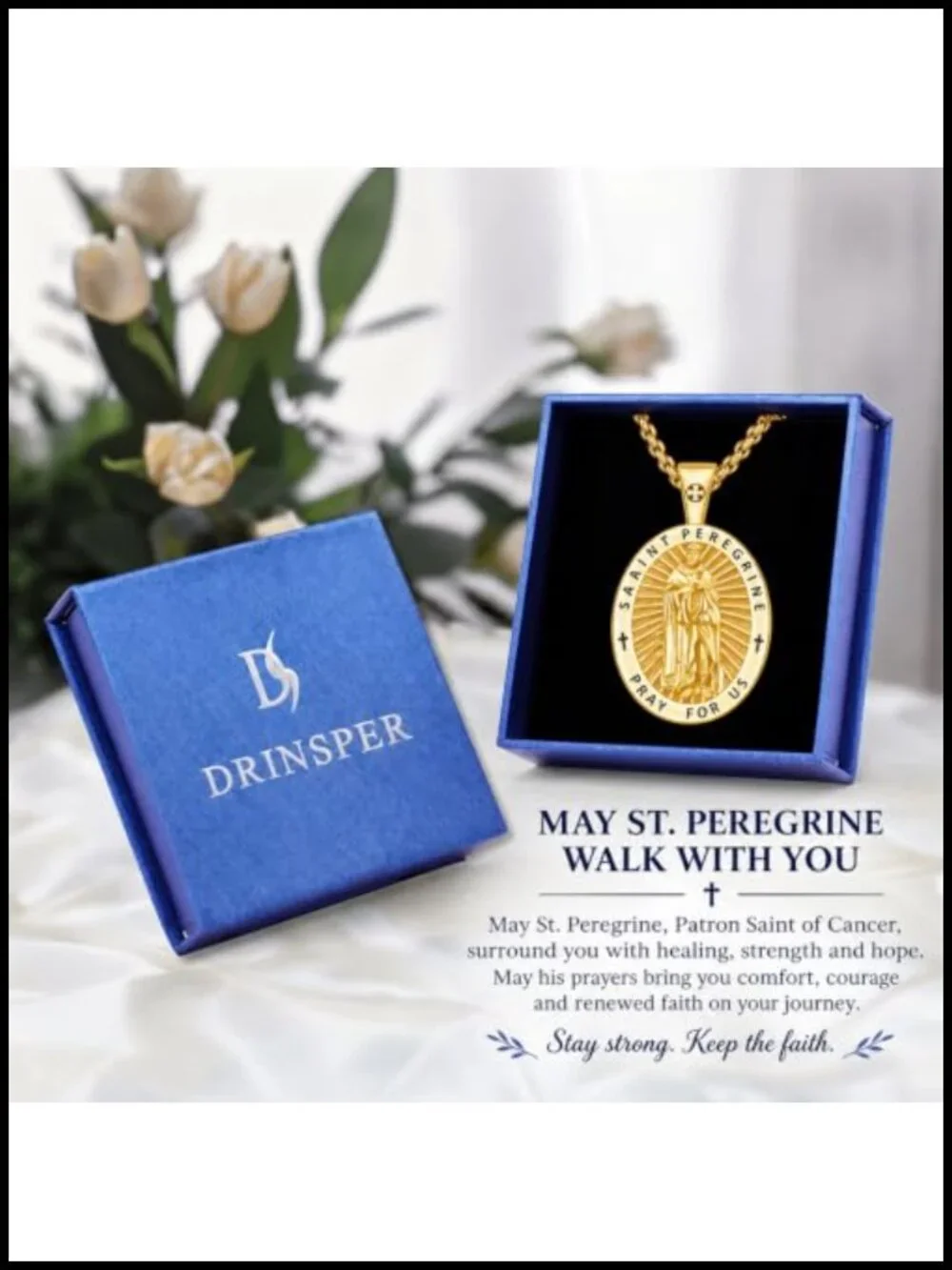 St Peregrine 925 Sterling Silver Necklace, 18k Gold Plated Catholic Patron